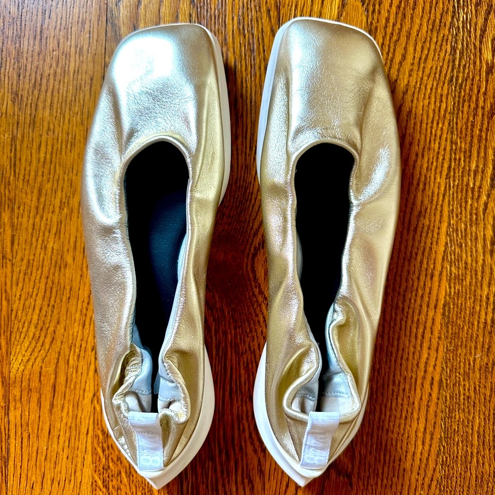 P448 Metallic Gold Square-Toe Slip-On Flats